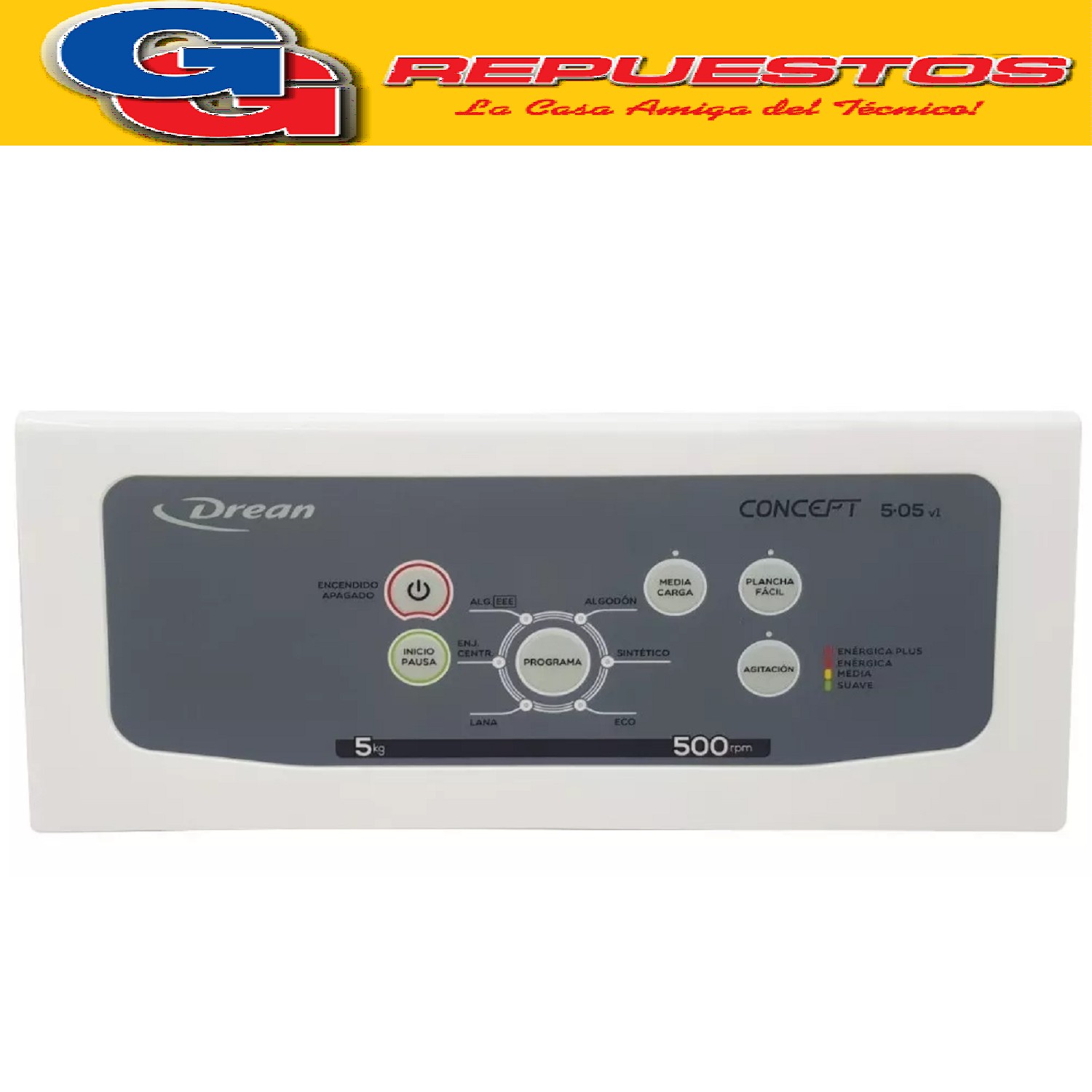 PANEL LAVARROPAS DREAN CONCEPT 5.05 FUZZY V1 CON LAMINA  PAN EL  TECLADO MODELO NUEVO CABEZAL PLASTICO CON SERIGRAFIA DREAN CONCEPT 5.05  (ORIGINAL) Cod.Origen: 709803414 (DREAN ALLADIO)  709803615 (DREAN ALLADIO) 709802120 (DREAN ALLADIO) 
701023630 (DREAN ALLADIO) 
