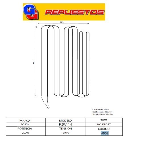 RESISTENCIA DE ALUMINIO HELADERA BOSCH KSV 44 NO FROST 4608 220V 250W