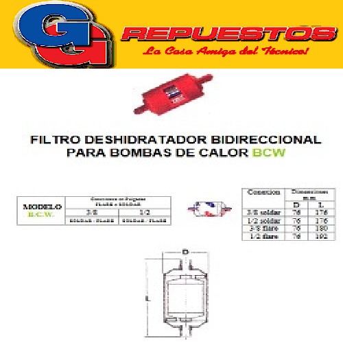 FILTRO BIDIRECCIONAL WHITE-BCW1/2F---bomb.calor AIRE FRIO CALOR LARGO TOTAL 20 CM , DIAMETRO 7.7 CM