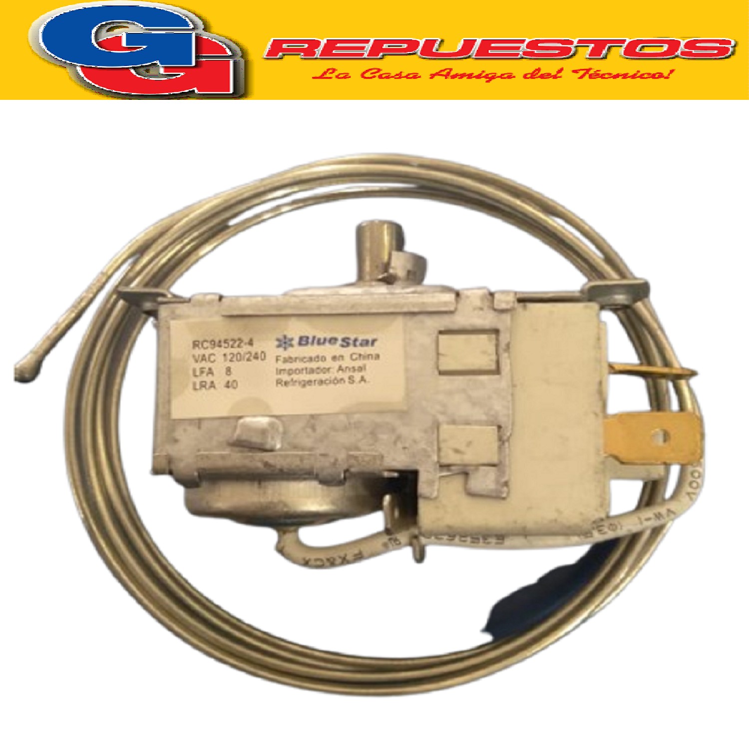 TERMOSTATO BLUESTAR RC94522-4S / PEABODY / RESISTENCIA (+3.5 -16.6_-22_-25.7) 3 CONTACTOS 2 FRIOS EJE REDONDO LENGUETA DE ARRASTRE CAPILAR 1150 mm REEMPLAZO TSV-9013-22