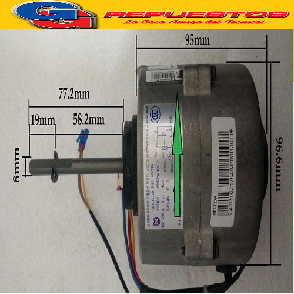 FORZADOR MOTOR EVAPORADOR AIRE ACONDICIONADO SPLIT (Y5S413B219 DB31-00479A) SENTIDO ANTIHORARIO 40W-0.3A-4 POLOS-CAP.2uf [[EJE Ø8mm / LARGO TOT. EJE 77.2mm / ANCHO MOTOR 96.6mm / ALTO MOTOR 95mm]] 1209011800196 / 05DB3100479ABJ9WC930194