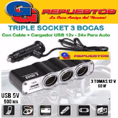 TRIPLE CARGADOR DE AUTO + USB ADAPTADOR ENCENDEDOR 12v 24v C Y0096 CELULAR