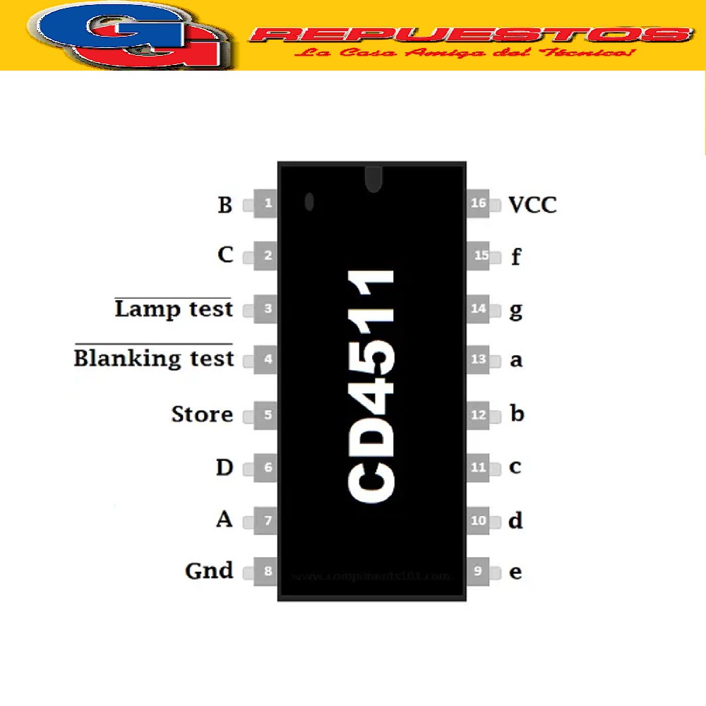 CIRCUITO INTEGRADO CD4511 DECODIFICADOR BCD  CD 14511 CONTROLADOR DISPLAY 7 SEGMENTOS